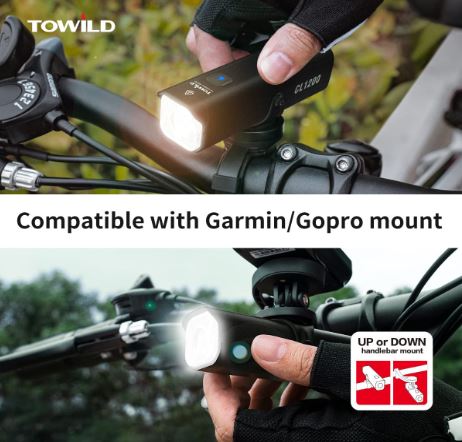 TOWILD CL1200 Garmin/GoPro Mount Compatible 1200 4000mAh Battery Waterproof Bike Light for Commuters